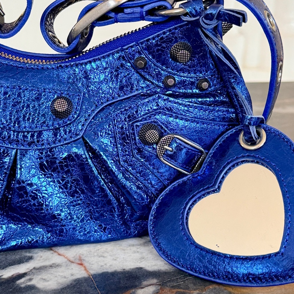 NWT $2650 Balenciaga Le Cagole 671309 Metallic Blue Leather XS Shoulder Bag - Picture 12 of 15